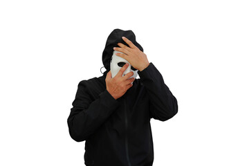 Anonymous hooded hackers wearing a mask isolated on white background.