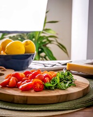 Studio lights on cherry tomatoes on a cutter with lemons and cheese in the background