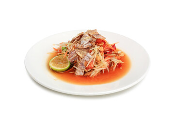 Dried Squid papaya salad in dish isolated on white background. Image with Clipping path.