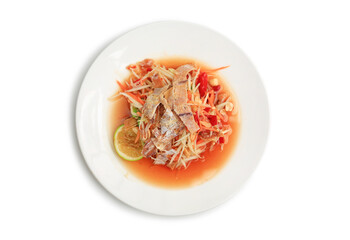 Dried Squid papaya salad in dish isolated on white background. Image with Clipping path. Top view.