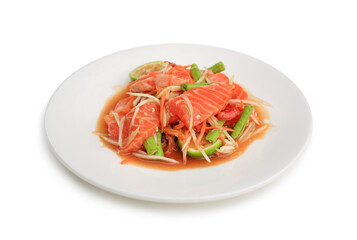Salmon papaya salad in dish isolated on white background. Image with Clipping path.