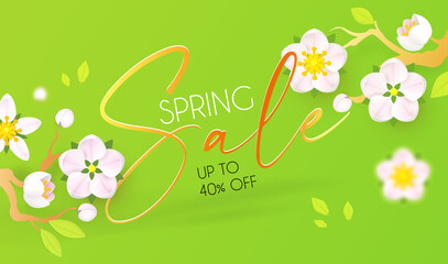 Spring sale banner with soft flowers and golden test on bright green background