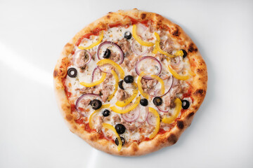 Italian pizza with olives, onions and peppers.