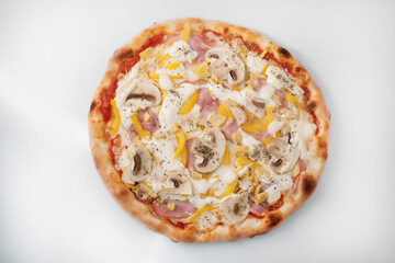 Italian pizza with olives, onions and peppers close-up.