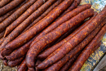 Fototapeta premium Very tasty homemade sausages, baked and fresh