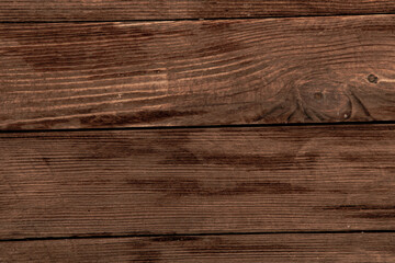 Vintage colored wood background texture with knots and nail holes. Old painted wood wall. Brown abstract background. Vintage wooden dark horizontal boards. Front view with copy space