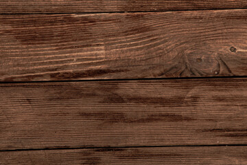 Fototapeta premium Vintage colored wood background texture with knots and nail holes. Old painted wood wall. Brown abstract background. Vintage wooden dark horizontal boards. Front view with copy space
