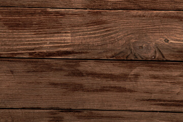 Vintage colored wood background texture with knots and nail holes. Old painted wood wall. Brown abstract background. Vintage wooden dark horizontal boards. Front view with copy space