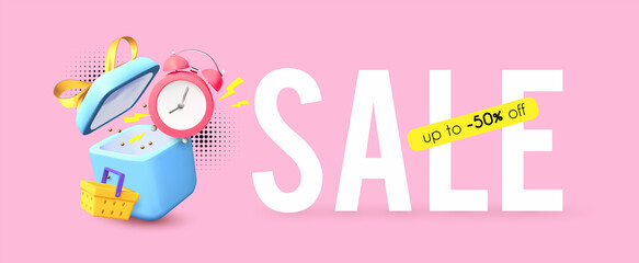 Big sale time. Special offer banner with alarm clock,lightning, gift bags, boxes and coins