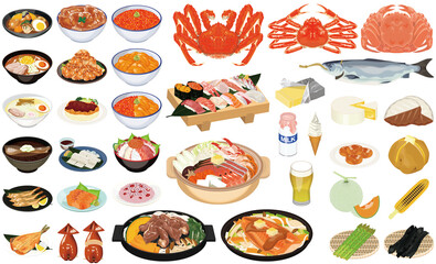 北海道の人気グルメ・名産のイラスト①（ジンギスカン、お寿司、ラーメン、かに、いくら、うに）