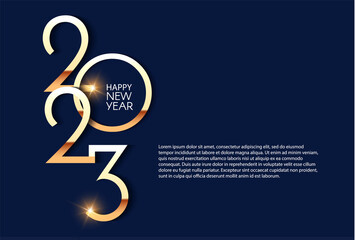 Happy new 2023 year Elegant gold text with light. Minimal text template - obrazy, fototapety, plakaty