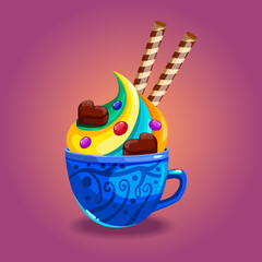 Cute cartoon mug with whipped cream and other sweets