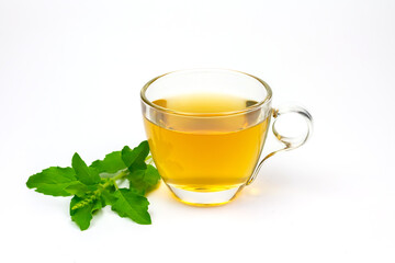 Tulsi or holy basil tea in transparent cup with fresh tulsi leaf isolated on white background. Ayurvedic medicine in India. Drink for health.