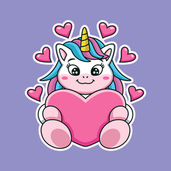 Cute unicorn with big love cartoon. Animal vector icon illustration, isolated on premium vector