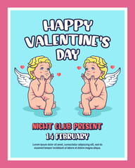 Valentine's day flayer with cupid cartoon. Vector icon illustration, isolated on premium vector