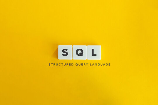 SQL (structured query language) Banner. Letter tiles on bright orange background. Minimal aesthetics.