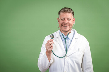 middle aged male doctor with grey hair wearing stethoscope and white coat on green background