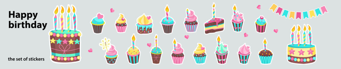 Festive pastries with birthday candles. A set of vector stickers. - 485287518