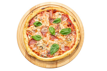 Delicious pizza served on wooden plate isolated on white background. Pizzeria menu. Concept poster for Restaurants or pizzerias.