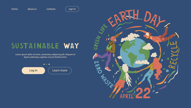 Landing page about a sustainable way. Earth Day. Eco-friendly environment. Doodle vector illustration.