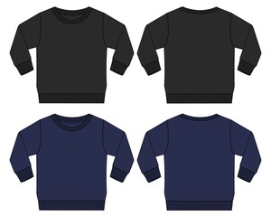 Long Sleeve sweatshirt Overall technical fashion flat sketch vector illustration template for women's. Cotton fleece fabric clothing Black, Navy Color mock up front and back views.
