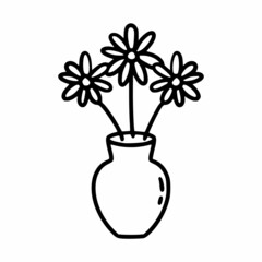 Three daisies in vase. Vector doodle illustration. Postcard decor element. Lovely flowers.
