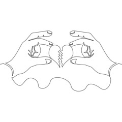 Continuous line drawing Hands hold broken heart concept