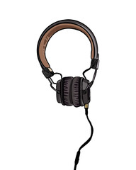 Fototapeta premium Brown and vintage wired headphones on a white background