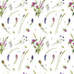 Watercolor seamless pattern in the country or Provence style of wild herbs and flowers. Clover flowers and leaves, dandelion leaves, spikelets and lavender flowers. Hand-painted watercolour.
