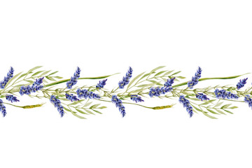 Seamless border with a delicate seamless pattern in Provence style. Bouquets of lavender flowers and wild herbs. The watercolor pattern is hand-drawn in a seamless border.