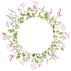 Circle floral frame template with copy space in the middle. Floral composition design for invitations and cards. Wreath with watercolor pink hand painted flowers and green leaves