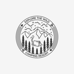 Adventure camping outline logo line art monoline badge design vector illustration