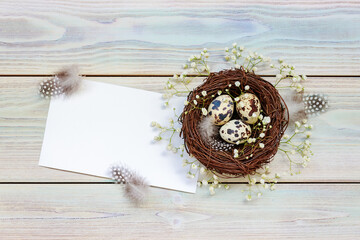 Easter eggs in nest on wooden background. Top view with copy space.