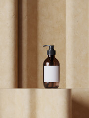 Minimal abstract mockup background for product presentation. Beige terracotta podium on curve panel background. 3d render illustration. Clipping path of each element included.