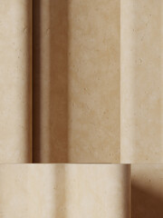 Minimal abstract mockup background for product presentation. Beige terracotta podium on curve panel background. 3d render illustration. Clipping path of each element included.