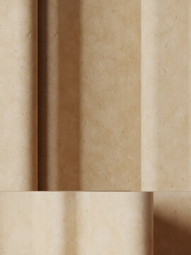 Minimal abstract mockup background for product presentation. Beige terracotta podium on curve panel background. 3d render illustration. Clipping path of each element included.