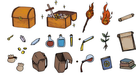 adventure Treasure item color illustration set, hand drawn. Treasure box, portions, bag, fire, torchlight, magic book. 