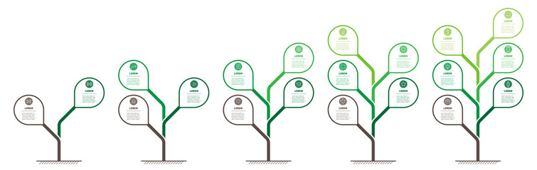 Infographics in the form of a tree or plant with 2, 3, 4, 5 and 6 parts or processes. Infographics of sustainability growth of farm business.