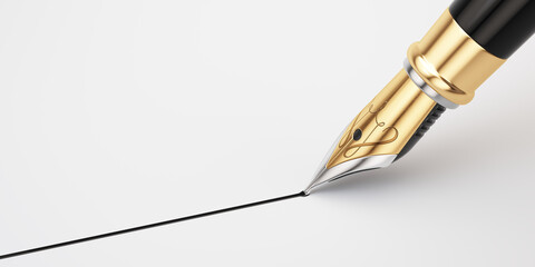 Golden fountain pen leaves drawing a straight ink line on a white paper closeup. 3d rendering
