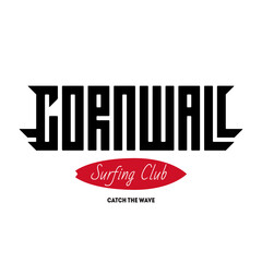 Cornwall surfing club. Surfers label. Vector illustration for t-shirt design.