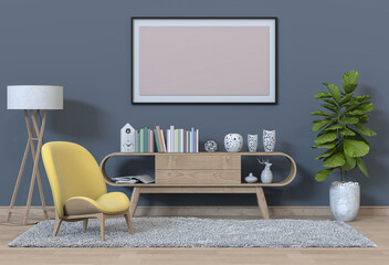 interior living room with armchair, plant, lamp. 3D render