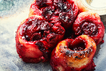 Fresh curd pie with cherries.