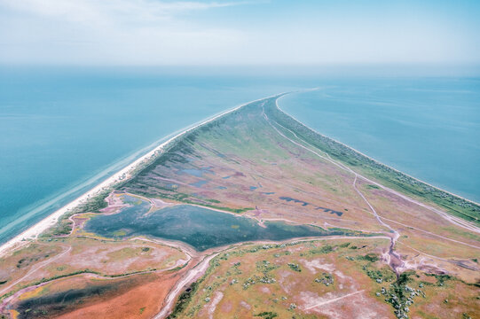 Kinburn Spit, Ukraine, aerial view. Black Sea, wild nature, beautiful landscape.