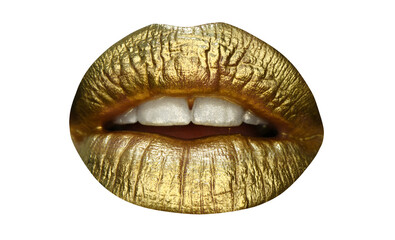 Gold lips, golden gloss lipstick. Sexy girl golden lips, gold mouth. Glowing gold skin make-up. Glitter metallic shine golden lipgloss makeup.