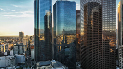 Los Angels city center. Los angeles aerial view, with drone. Los Angeles downtown skyline. LA...