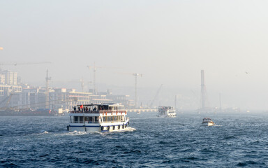 Fototapeta premium Foggy morning view of Bosphorus in Istanbul city.