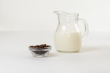 Dalgona coffee ingredients. Coffee beans and milk.