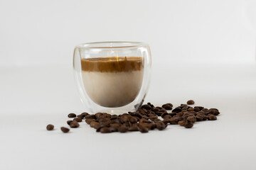 Cold dalgona coffee. Whipped instant coffee. Popular coffee. Latte espresso with coffee foam in a glass.