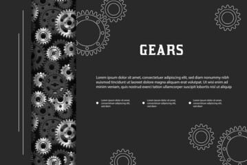 Black rectangular background with technology black and silver steel gears, space for text. Business template.