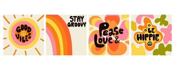 Hippie phrase, hand drawn hippy text. Motivational and Inspirational quote, vintage lettering, retro 70s 60s nostalgic poster or card, t-shirt print vector illustration set
